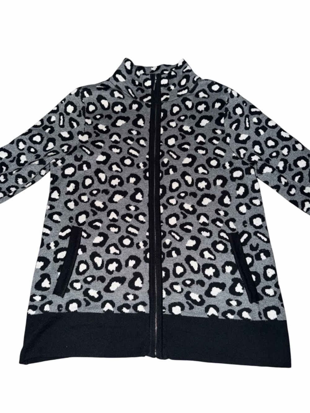 Rachel Zoe Black, Gray & White Leopard Zip-Up Puffer Sweater
